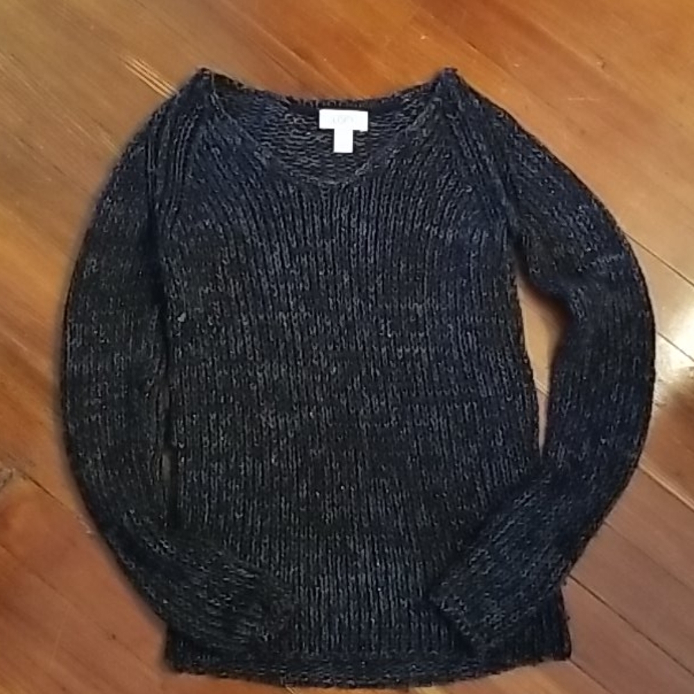 Ann Taylor Loft V Neck Sweater Black Silver XS